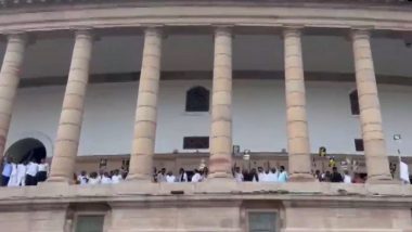 Adani Row: Opposition Protest on First Floor of Parliament, Unfurls Huge ‘We Want JPC’ Banner (Watch Video)
